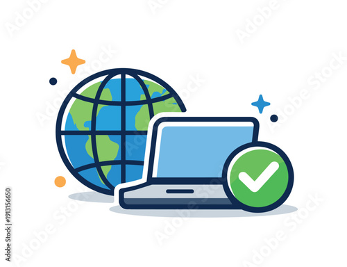 Nomadic entrepreneurship a compact concept badge combining globe, laptop and checkmark icons, communicating remote business success, autonomy