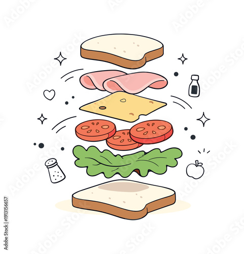 Simple food ritual. A clean editorial scene of sandwich assembly, fresh ingredients floating slightly to show process and