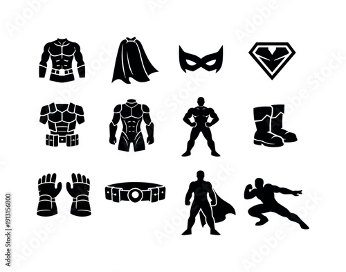 Superhero cosplay sketches. Solid icon set of superhero cosplay sketches: superhero suit sketch, cape design sketch, mask concept sketch,