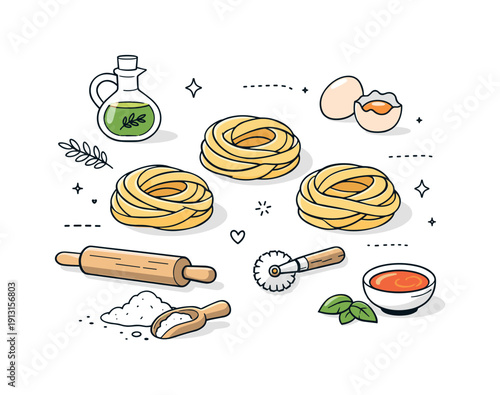 Art of homemade pasta. A clean composition with fresh pasta nests, simple tools, and ingredients, highlighting craftsmanship and slow food