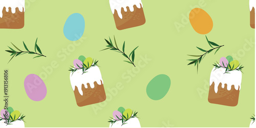 Easter Cake and Colorful Eggs Seamless Pattern.Seamless Easter pattern with traditional Easter cakes, colorful eggs and green spring branches on light yellow background. 