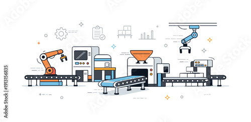 Idle factory floor. A wide room filled with machines and conveyor systems in motion, yet no materials on them. Clean editorial scene about