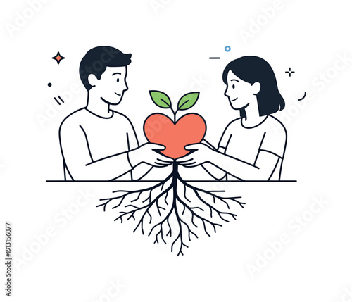 Lasting partnership. A symbolic scene of two people holding a shared heart or plant, roots growing below. Care, patience, long-term love.