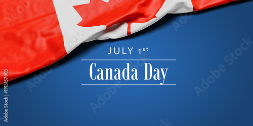 Quadro su tela The wrinkled flag of Canada draped onto a flat dark blue surface with the text