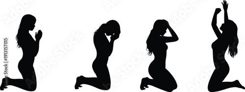 Set of black silhouettes of women kneeling in prayer and worship isolated on white background representing spirituality faith devotion christianity meditation and hope for peace