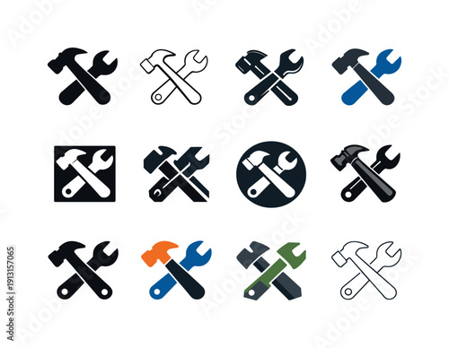 Home Renovation Icons. Home renovation and remodeling. Icon set. Set Logo of Home renovation and remodeling: hammer and wrench crossed. harmonious logo
