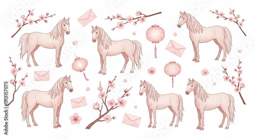 Elegant collection of whimsical pastel horses, delicate cherry blossoms, enchanting Asian lanterns, and sweet romantic envelopes, perfect for spring festivities and heartfelt messages