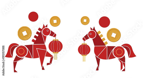 Red horses holding lanterns and coins, celebrating Chinese New Year and prosperity