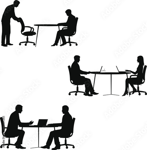 Set of black silhouettes of business people working in office at desks with laptops having meetings and interviews isolated on white background for corporate concepts