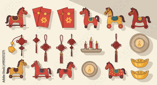 Collection of Chinese New Year decorations including red envelopes, lanterns, and horse figures, symbolizing prosperity and good fortune