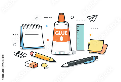 Minimalist Stationery Design. Office and school supplies. A glue tube placed among minimal stationery items, calm order and everyday routine. Editorial scene