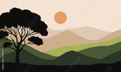 Minimalist earth tone landscape illustration with a large tree silhouette and layered mountain ranges in shades of olive green and brown under a warm sun.