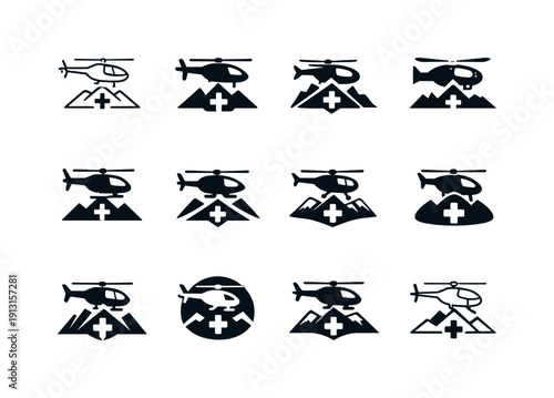 Search and rescue. Icon set. Set Logo of Search and rescue: rescue helicopter silhouette. harmonious logo variations of the same emblematic