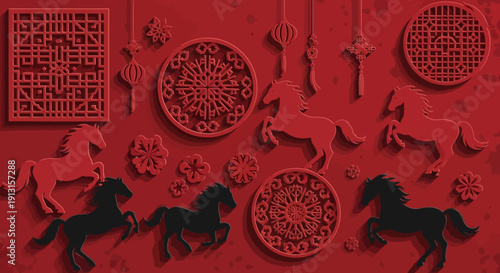 Traditional Chinese New Year Decorations with Horses and Paper Cuts on a Red Background