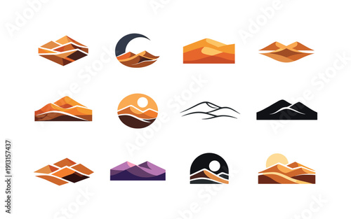 Desert dunes. Icon set. Set Logo of desert dunes: layered dune horizon. harmonious logo variations of the same emblematic concept, each with