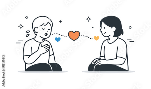 Emotional communication. A person expressing feelings while another listens, gentle icons of hearts and lines connecting them to show