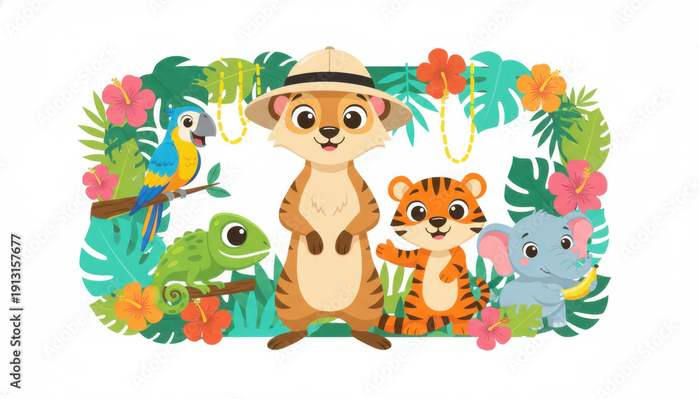 Fototapeta premium Cute suricate wearing hat shows curiosity among colorful animal friends in tropical jungle filled with vibrant flowers and lush green leaves