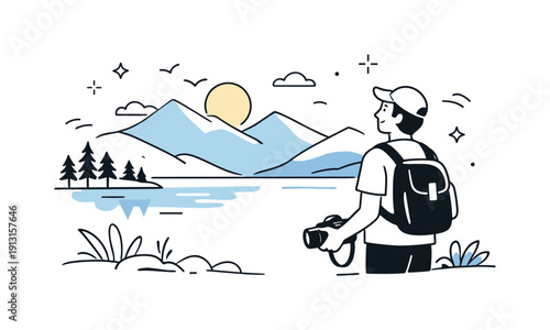 Photographer's Serene View. A photographer capturing a stunning landscape with a camera. A serene final scene showing the photographer lowering the camera