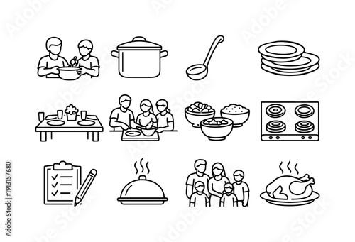 Family Dinner Cooking. Line icon set of Family Dinner Cooking: shared cooking, large pot, serving spoon, multiple plates, dinner table prep,