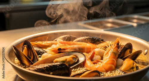 Cinematic Sizzling Seafood in Stainless Steel Pan seafood mix shrimp mussels calamari shellfish  stainless steel pan skillet
