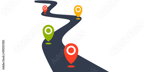 Roadmap infographic. Winding roadmap journey with colorful milestone location pins, business road map, a business roadmap concept for strategy, planning, and project development.