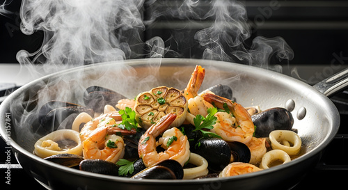 Cinematic Sizzling Seafood in Stainless Steel Pan seafood mix shrimp mussels calamari shellfish  stainless steel pan skillet
