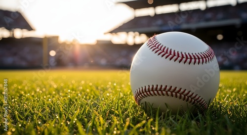 A baseball sits on a lush green field at sunset in a stadium