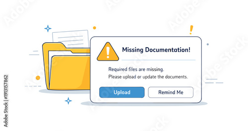 Missing documentation alert. A notification or pop-up with a warning symbol appearing over a folder icon, floating in a clean interface view.