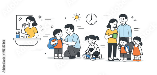 Daily family routines. Editorial scene of parents and children following a simple daily ritual like morning preparation or bedtime routine,