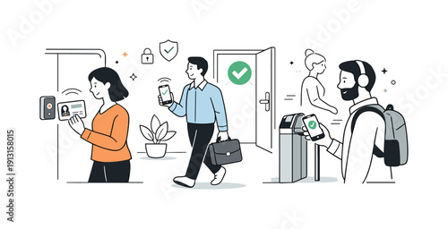 Smart badge system illustration. People using digital badges on cards and smartphones to access spaces smoothly, with subtle signals and