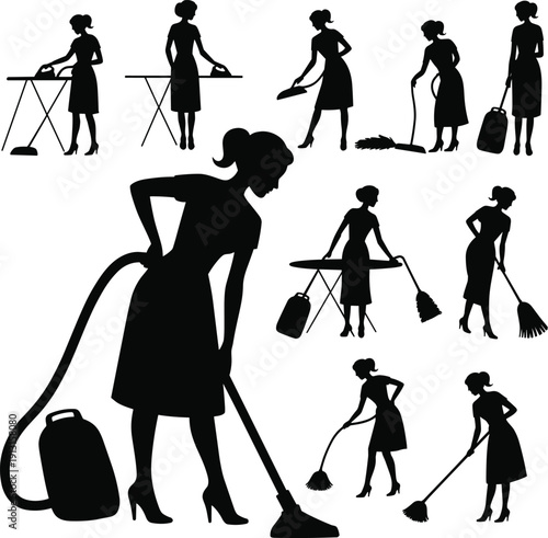 Black silhouettes of women cleaning house vacuuming ironing and sweeping floors isolated on white background representing domestic housework chores home maintenance and professional cleaning services