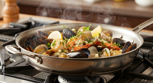 Cinematic Sizzling Seafood in Stainless Steel Pan seafood mix shrimp mussels calamari shellfish  stainless steel pan skillet
