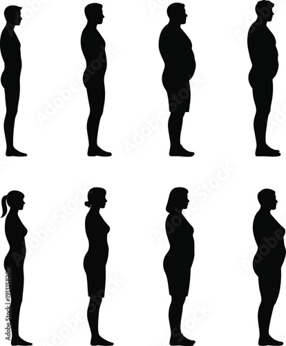 Set of black silhouettes showing male and female body transformation from fat to slim representing weight loss health progress fitness journey and obesity scale
