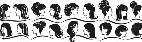 Set of black female head silhouettes with various hairstyles and haircuts for hair salon beauty fashion and spa isolated on white background vector illustration