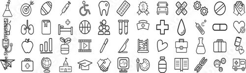 Healthcare medical line icon set. Medicine and hospital outline icons. Clinic, pharmacy, laboratory symbols. Doctor, ambulance, dna, heart, and dental signs. Vector illustration.