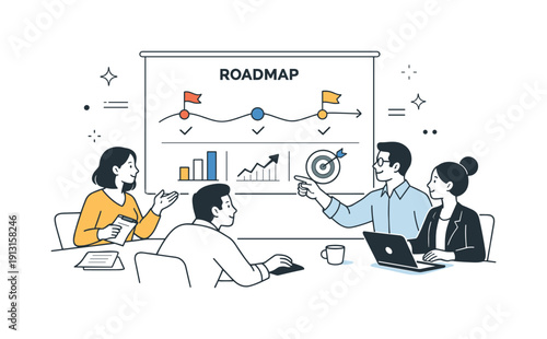Collaborative Roadmap Discussion. Strategic business meeting. A small team discussing a roadmap on a screen with simple charts and milestones. The mood