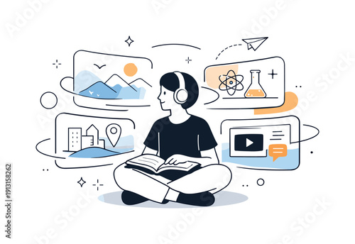 Immersive learning as experience. Abstract editorial composition where the learner is surrounded by layered digital environments and soft