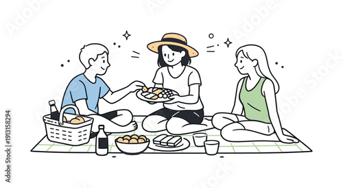 Straw Hat Picnic. Straw hat summer picnic. Friends sitting on a blanket, one person wearing a straw hat and sharing snacks. The mood is friendly, warm, and