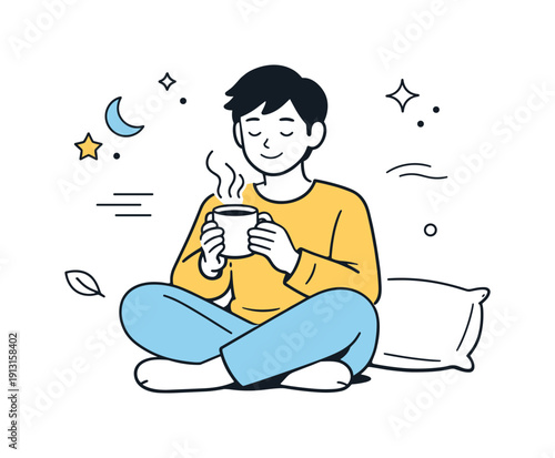 Winding down. Person sitting comfortably with a warm drink, shoulders relaxed and calm mood settling in. Soft steam lines and