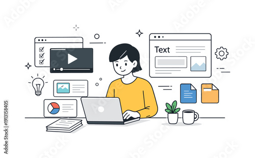 Building digital products. A creator working on a digital course or template with cards, files, and interface elements neatly arranged. The