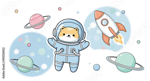 Cartoon astronaut hamster with rocket and planets in space exploration