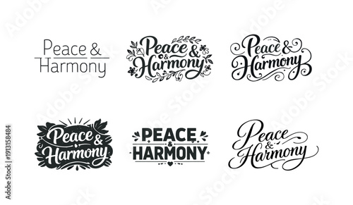 Peace and harmony. Set lettering. harmonious lettering variations of the same emblematic concept, each with different artistic interpretation