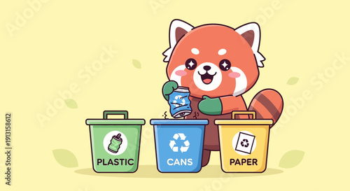 Cartoon red panda recycling cans into the appropriate container