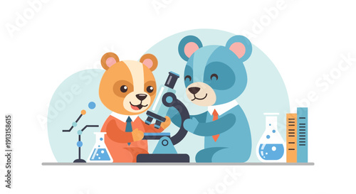 Two cartoon bears examining microscope representing science and education