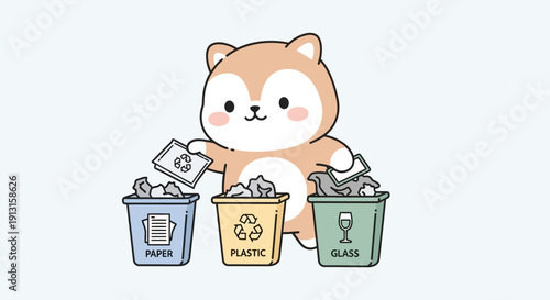 Cartoon fox character sorting recycling materials into different bins illustration