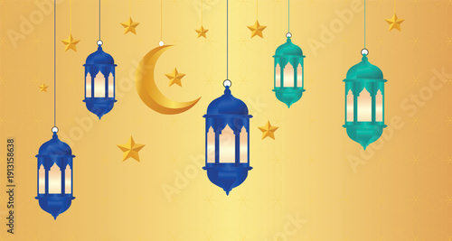 Ramadan lanterns hanging with crescent moon and stars islamic festive golden background illustration