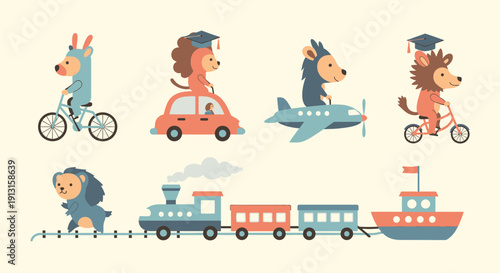 Cartoon animals riding vehicles including bicycles car airplane and train