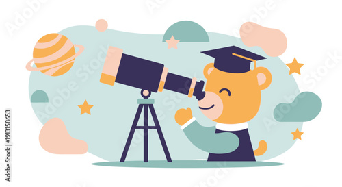 Cartoon bear observing planets through telescope in outer space illustration