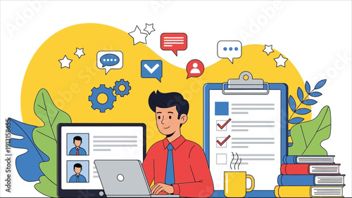  Illustration of a man creating a resume on his laptop with a clipboard and helpful icons. Concept of resume building, job application, and career preparation. Customizable disproportionate style