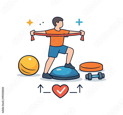 Image Generation. Rehabilitation therapy strength rebuilding concept with exercise bands, balance tools and focused posture, symbolizing recovery, discipline